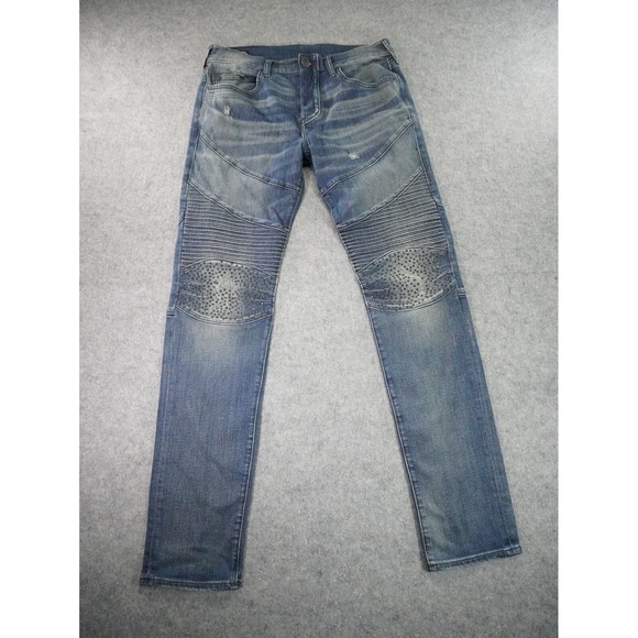 True‎ Religion Jeans Mens 32 Relaxed Skinny Distressed Studded Moto Button Fly - Picture 1 of 16